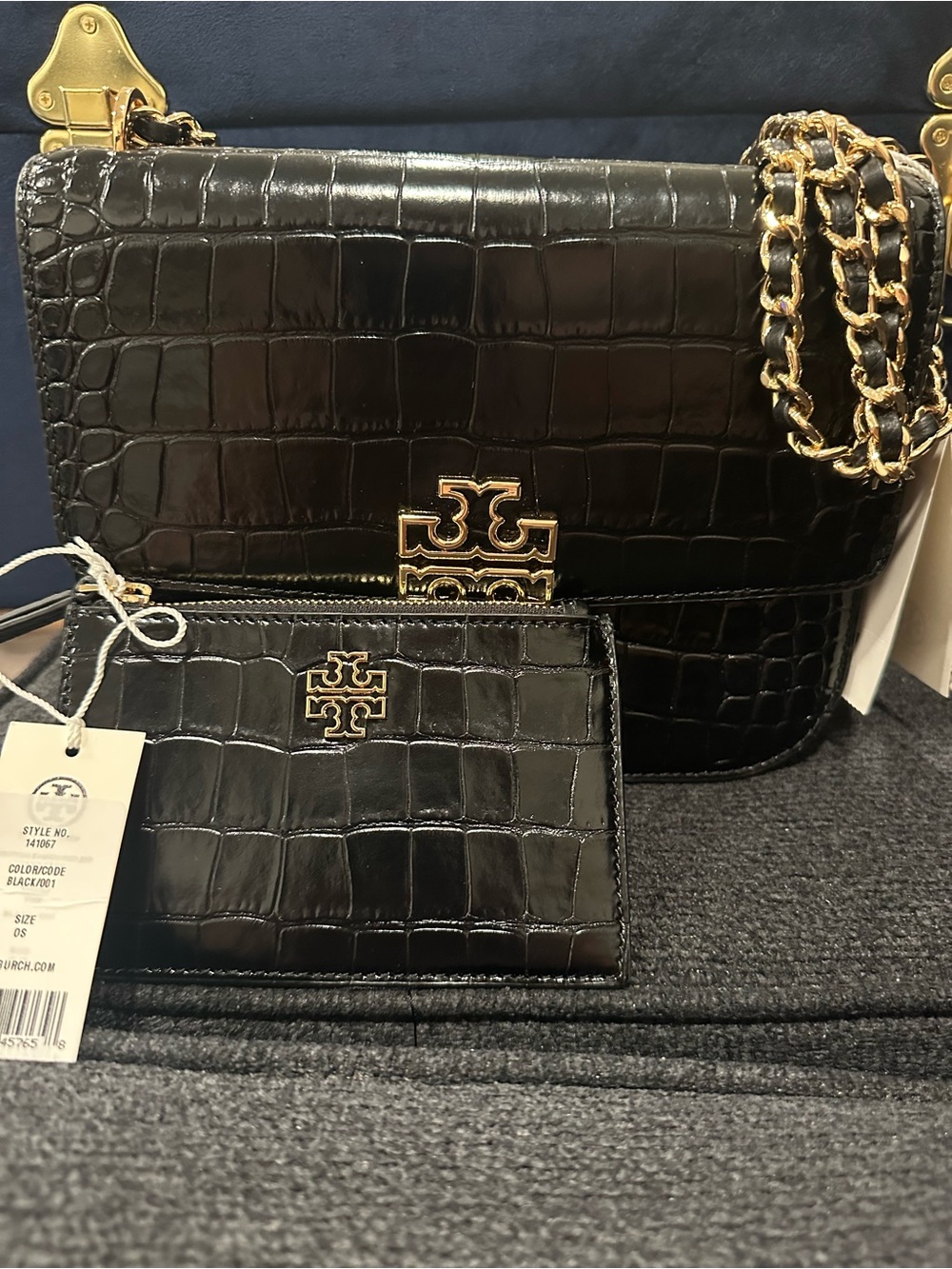 Beautiful Tory Burch Black SET Croc-Embossed Leather Shoulder Bag with Card Case